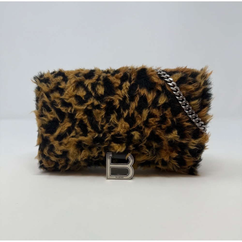 Balenciaga Hourglass Leopard Print Fur Wallet On Chain